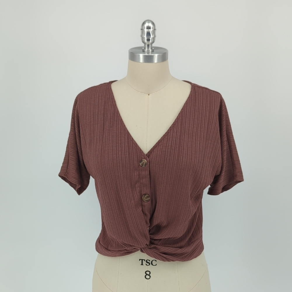 Emerette Button Knot Jersey Knit Shirt Brown S hipster basic casual minimalist